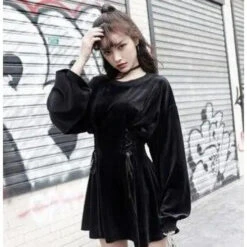 Gothic Harajuku Lantern Sleeve Double Lace Up Waist Mini Dress EG042