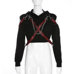 Gothic Harajuku LOVE Chain Strap Open Shoulder Hoodie EG228 -EgrilDoll Fashion Outlet Store gothic harajuku love chain strap open shoulder hoodie eg228 top 427