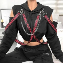 Gothic Harajuku LOVE Chain Strap Open Shoulder Hoodie EG228 -EgrilDoll Fashion Outlet Store gothic harajuku love chain strap open shoulder hoodie eg228 top 858