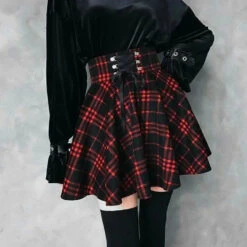 Gothic Harajuku Red Black Lace Up Plaid Skirt EG13344
