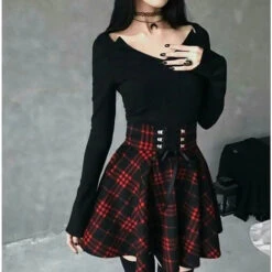 Gothic Harajuku Red Black Lace Up Plaid Skirt EG13344 -EgrilDoll Fashion Outlet Store gothic harajuku red black lace up plaid skirt eg13344 582