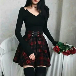 Gothic Harajuku Red Black Lace Up Plaid Skirt EG13344 -EgrilDoll Fashion Outlet Store gothic harajuku red black lace up plaid skirt eg13344 766