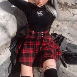 Gothic Harajuku Red Black Lace Up Plaid Skirt EG13344 -EgrilDoll Fashion Outlet Store gothic harajuku red black lace up plaid skirt eg13344 966