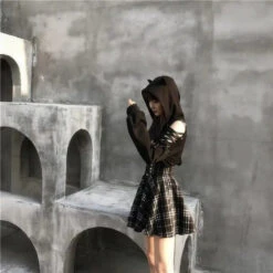 Gothic Hollow Out Lace Up Sleeves Cat Ears Hoodie Top EG14703 -EgrilDoll Fashion Outlet Store gothic hollow out lace up sleeves cat ears hoodie top eg14703 221