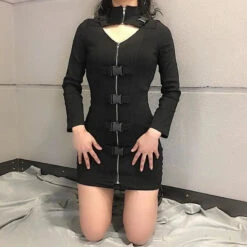 Gothic Key Hole Buckle Front Long Sleeve Bodycon Dress EG0474 -EgrilDoll Fashion Outlet Store gothic key hole buckle front long sleeve bodycon dress eg0474 195