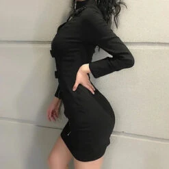 Gothic Key Hole Buckle Front Long Sleeve Bodycon Dress EG0474 -EgrilDoll Fashion Outlet Store gothic key hole buckle front long sleeve bodycon dress eg0474 699