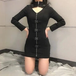 Gothic Key Hole Buckle Front Long Sleeve Bodycon Dress EG0474 -EgrilDoll Fashion Outlet Store gothic key hole buckle front long sleeve bodycon dress eg0474 731