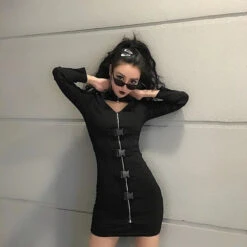 Gothic Key Hole Buckle Front Long Sleeve Bodycon Dress EG0474 -EgrilDoll Fashion Outlet Store gothic key hole buckle front long sleeve bodycon dress eg0474 811