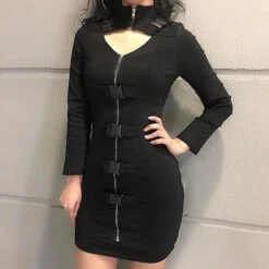 Gothic Key Hole Buckle Front Long Sleeve Bodycon Dress EG0474