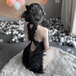 Gothic Lace Floral Halter Hollow Asian Cheongsam Dress EE0816 -EgrilDoll Fashion Outlet Store gothic lace floral halter hollow asian cheongsam dress ee0816 455