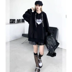 Gothic Love Heart Print Cross Drawstring Hoodie EG134 -EgrilDoll Fashion Outlet Store gothic love heart print cross drawstring hoodie eg134 sweatshirt 537