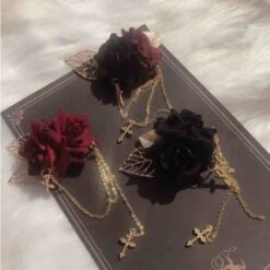Gothic Punk Lolita Rose Tassels Cross Hairpin Brooch BE200