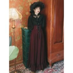 Gothic Retro Black Lace Ruffle Shirt High Waist Long Skirt Set EG16635