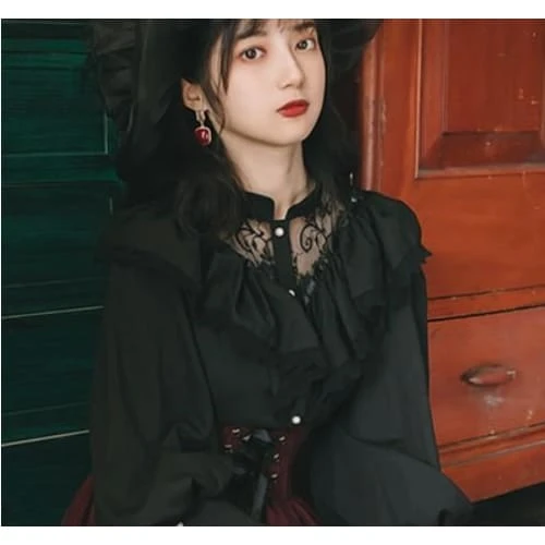 Gothic Retro Black Lace Ruffle Shirt High Waist Long Skirt Set EG16635 2 Gothic Retro Black Lace Ruffle Shirt High Waist Long Skirt Set EG16635 - Image 2
