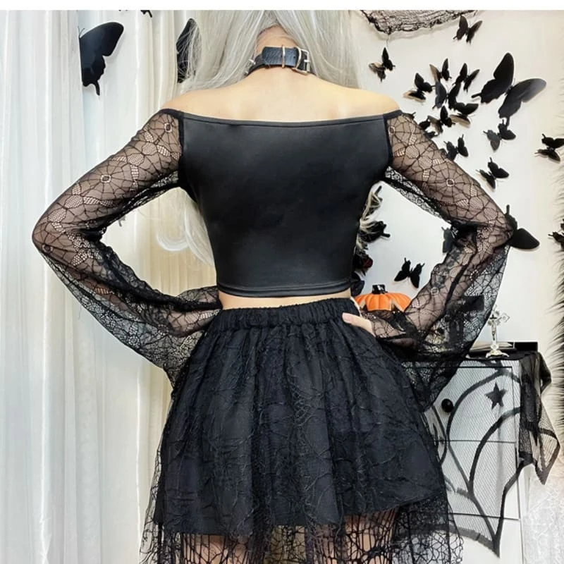 Gothic Spiderweb Sleeve Crop Top ON73 4 Gothic Spiderweb Sleeve Crop Top ON73 - Image 4