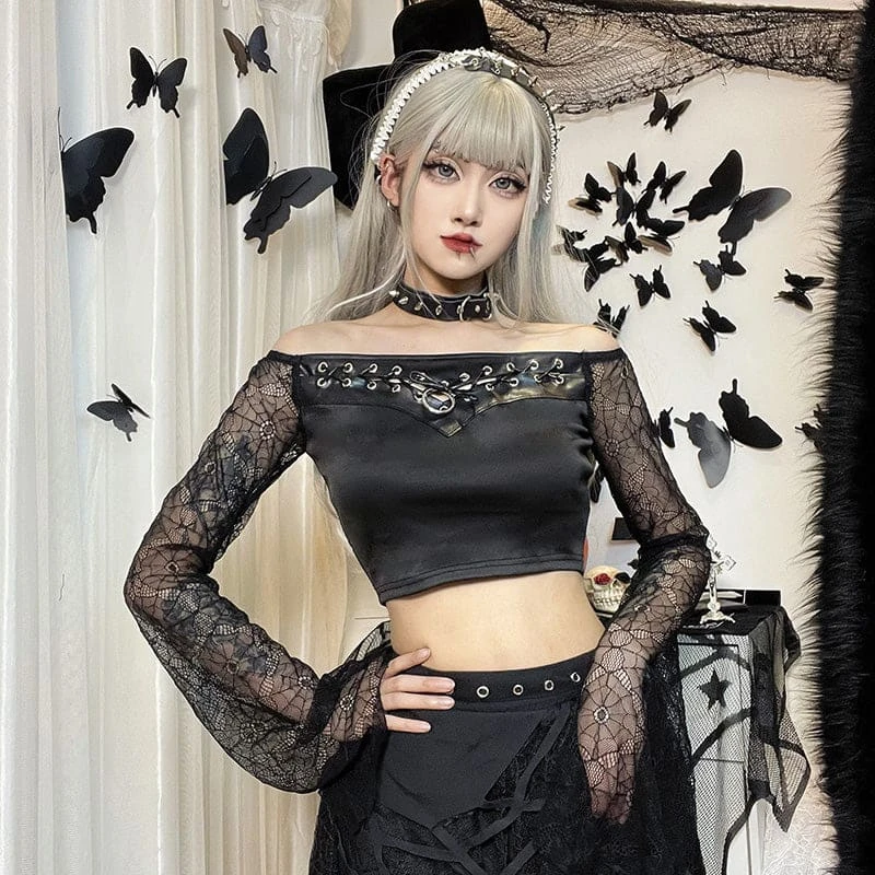 Gothic Spiderweb Sleeve Crop Top ON73 1 Gothic Spiderweb Sleeve Crop Top ON73