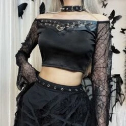 Gothic Spiderweb Sleeve Crop Top ON73 13 Gothic Spiderweb Sleeve Crop Top ON73 -EgrilDoll Fashion Outlet Store gothic spiderweb sleeve crop top on73 black s 944