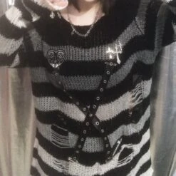 Gray And Black Stripes Strapes Misa Top ON666 -EgrilDoll Fashion Outlet Store gray and black stripes strapes misa top on666 free size 240