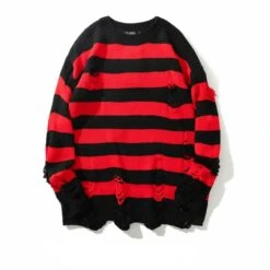 Grunge Stripe Ripped Red Black Sweater ON258