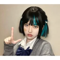 Harajuku Black Bob Cyan Under Mix Wig ON135 7 Harajuku Black Bob Cyan Under Mix Wig ON135 -EgrilDoll Fashion Outlet Store harajuku black bob cyan under mix wig on135 ceng ci ran kong que lan lu 324