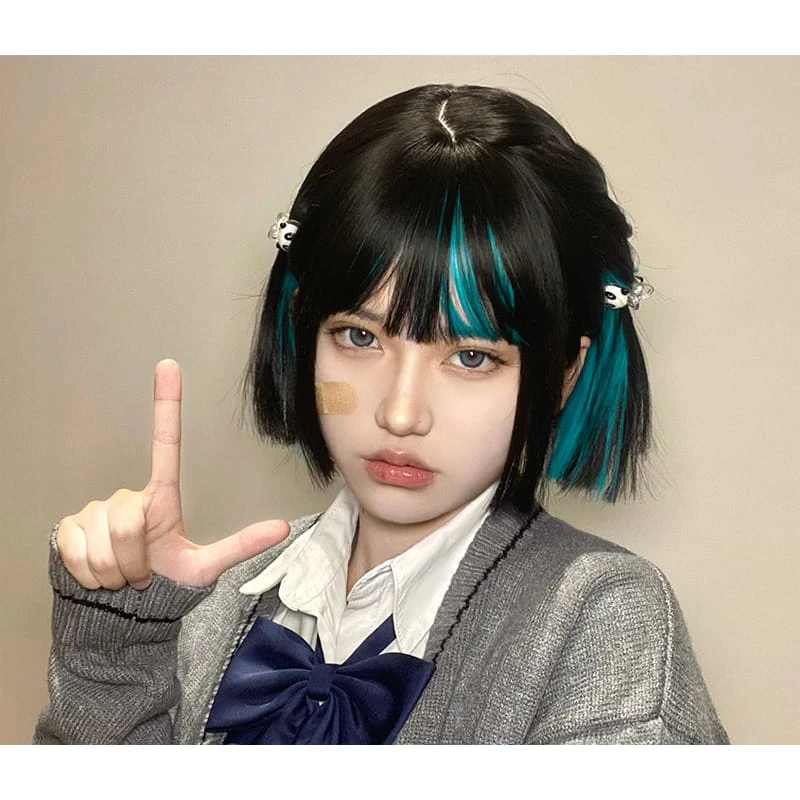 Harajuku Black Bob Cyan Under Mix Wig ON135 3 Harajuku Black Bob Cyan Under Mix Wig ON135 - Image 3