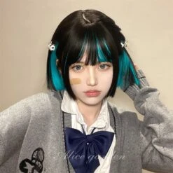 Harajuku Black Bob Cyan Under Mix Wig ON135 9 Harajuku Black Bob Cyan Under Mix Wig ON135 -EgrilDoll Fashion Outlet Store harajuku black bob cyan under mix wig on135 ceng ci ran kong que lan lu 602