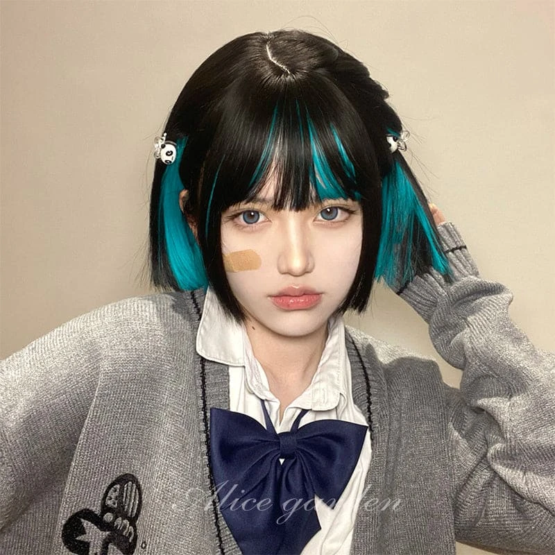 Harajuku Black Bob Cyan Under Mix Wig ON135 5 Harajuku Black Bob Cyan Under Mix Wig ON135 - Image 5