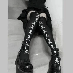 Harajuku Gothic Punk Skull Printed Black Thin Socks EG17187