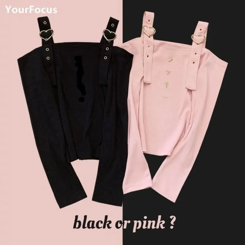 Harajuku Pink Black Heart Button Crop Tops EG096 1 Harajuku Pink Black Heart Button Crop Tops EG096