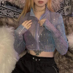 Harajuku See-through Sequins Zipper Long Sleeve Crop Top EG15517