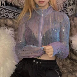 Harajuku See-through Sequins Zipper Long Sleeve Crop Top EG15517 -EgrilDoll Fashion Outlet Store harajuku see through sequins zipper long sleeve crop top eg15517 900