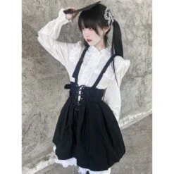 Harajuku Style Long Sleeve White Shirt Lace Up Black Suspender Skirt ON17 -EgrilDoll Fashion Outlet Store harajuku style long sleeve white shirt lace up black suspender skirt on17 420