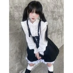 Harajuku Style Long Sleeve White Shirt Lace Up Black Suspender Skirt ON17 -EgrilDoll Fashion Outlet Store harajuku style long sleeve white shirt lace up black suspender skirt on17 566