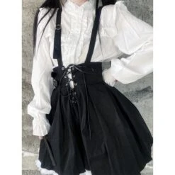 Harajuku Style Long Sleeve White Shirt Lace Up Black Suspender Skirt ON17 -EgrilDoll Fashion Outlet Store harajuku style long sleeve white shirt lace up black suspender skirt on17 908