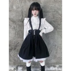 Harajuku Style Long Sleeve White Shirt Lace Up Black Suspender Skirt ON17 -EgrilDoll Fashion Outlet Store harajuku style long sleeve white shirt lace up black suspender skirt on17 s 240