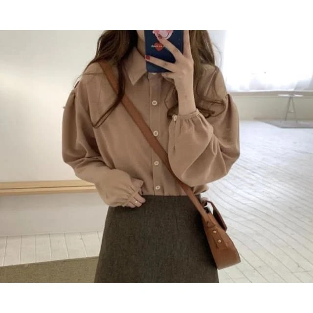 Hazel - Autumn 2PCS Set Vintage High Waist Dress And Puff Sleeve Blouse 3 Hazel - Autumn 2PCS Set Vintage High Waist Dress And Puff Sleeve Blouse - Image 3