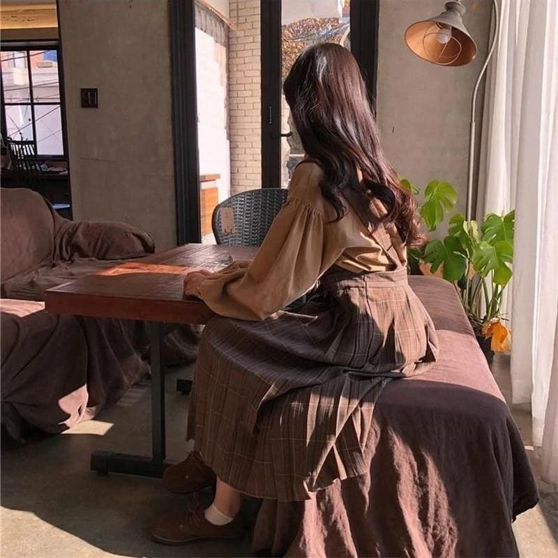 Hazel - Autumn 2PCS Set Vintage High Waist Dress And Puff Sleeve Blouse 4 Hazel - Autumn 2PCS Set Vintage High Waist Dress And Puff Sleeve Blouse - Image 4