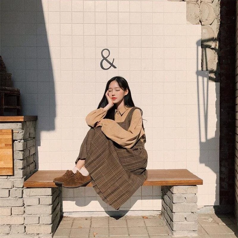 Hazel - Autumn 2PCS Set Vintage High Waist Dress And Puff Sleeve Blouse 2 Hazel - Autumn 2PCS Set Vintage High Waist Dress And Puff Sleeve Blouse - Image 2