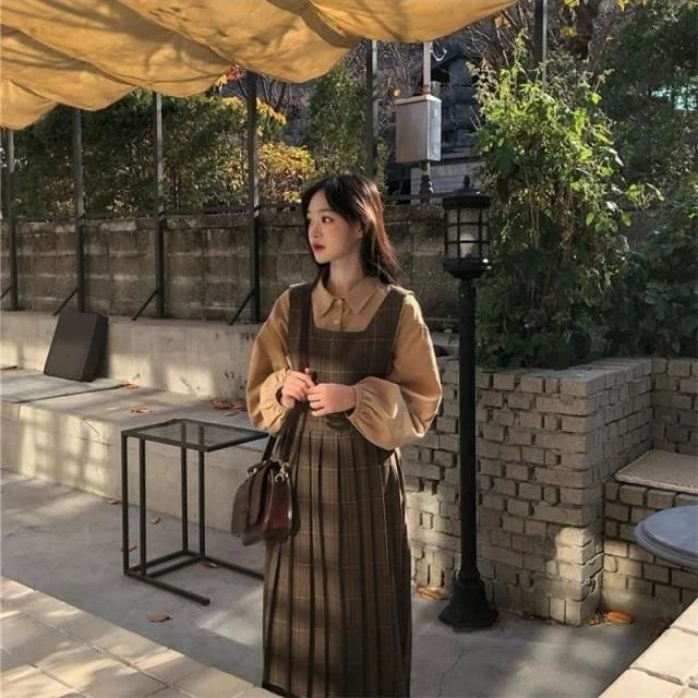 Hazel - Autumn 2PCS Set Vintage High Waist Dress And Puff Sleeve Blouse 5 Hazel - Autumn 2PCS Set Vintage High Waist Dress And Puff Sleeve Blouse - Image 5