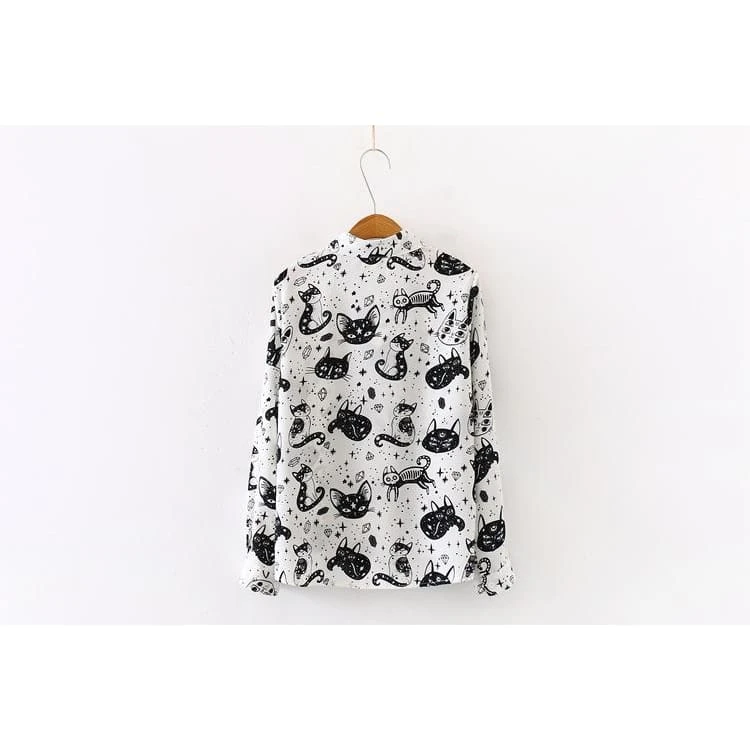 Japanese Black White Cartoon Cat Print Shirts FY051 3 Japanese Black White Cartoon Cat Print Shirts FY051 - Image 3