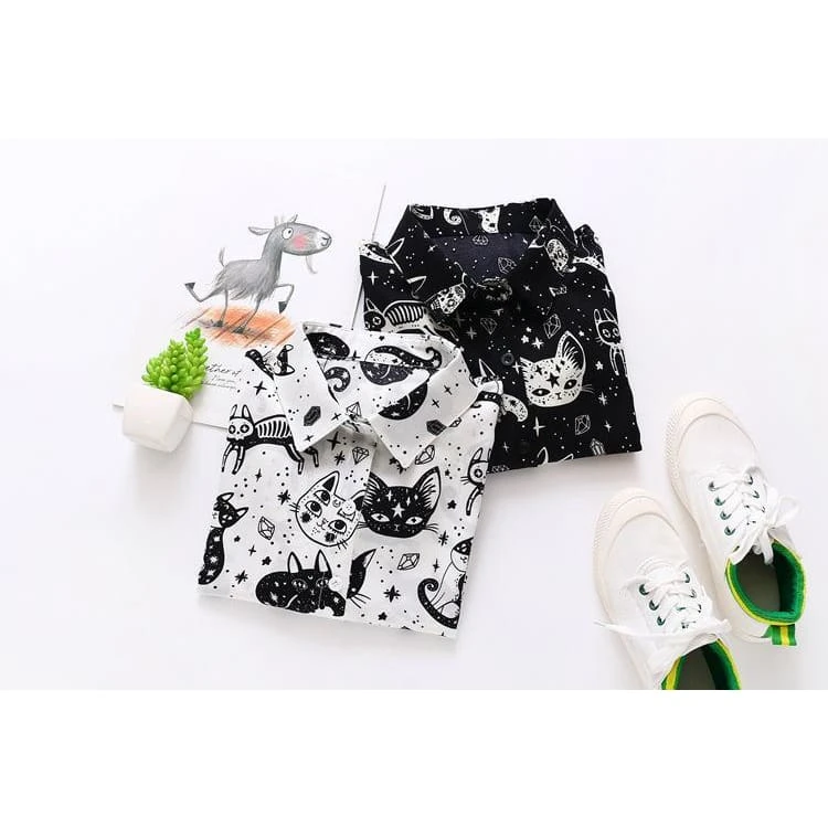 Japanese Black White Cartoon Cat Print Shirts FY051 5 Japanese Black White Cartoon Cat Print Shirts FY051 - Image 5