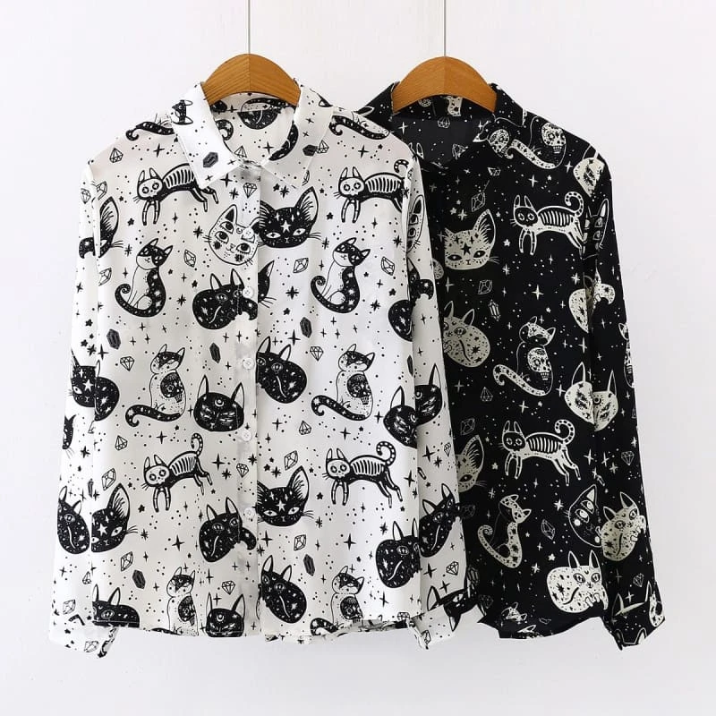 Japanese Black White Cartoon Cat Print Shirts FY051 1 Japanese Black White Cartoon Cat Print Shirts FY051
