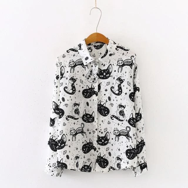 Japanese Black White Cartoon Cat Print Shirts FY051 2 Japanese Black White Cartoon Cat Print Shirts FY051 - Image 2
