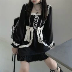 Japanese Gothic Black Kawaii Bow Mini Dress EG17317
