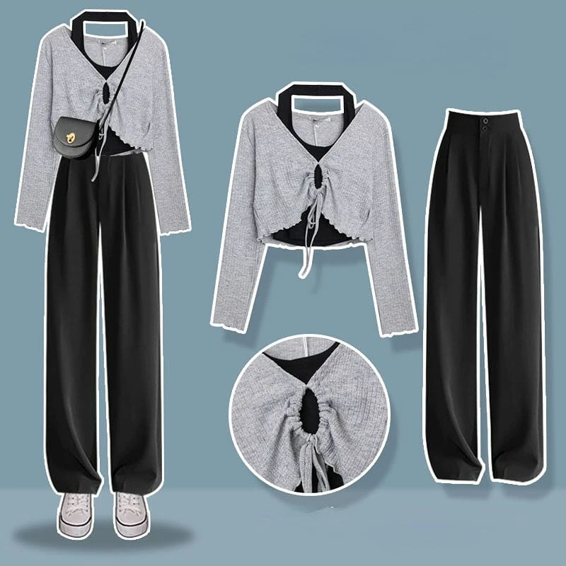 K-fashion Lace Up Top T-shirt Three Piece Set ON249 1 K-fashion Lace Up Top T-shirt Three Piece Set ON249