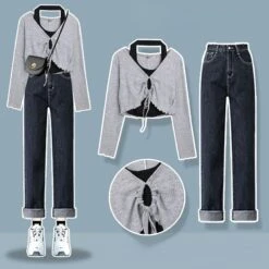 K-fashion Lace Up Top T-shirt Three Piece Set ON249 36 K-fashion Lace Up Top T-shirt Three Piece Set ON249 -EgrilDoll Fashion Outlet Store k fashion lace up top t shirt three piece set on249 gray two dark blue jeans s sweat suit 404