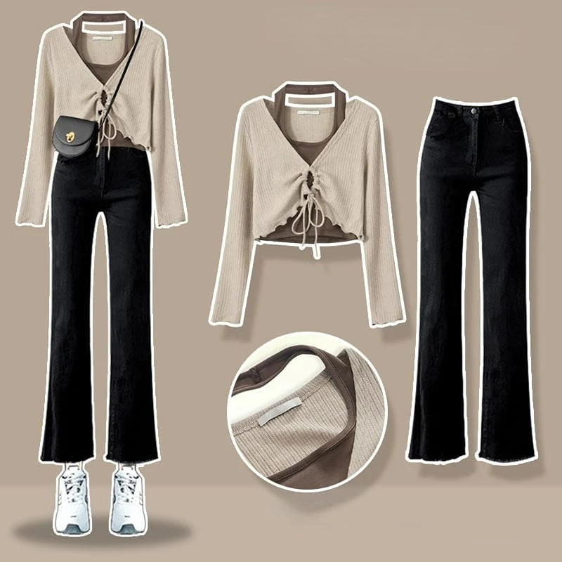 K-fashion Lace Up Top T-shirt Three Piece Set ON249 13 K-fashion Lace Up Top T-shirt Three Piece Set ON249 - Image 13