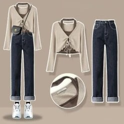 K-fashion Lace Up Top T-shirt Three Piece Set ON249 35 K-fashion Lace Up Top T-shirt Three Piece Set ON249 -EgrilDoll Fashion Outlet Store k fashion lace up top t shirt three piece set on249 khaki two dark blue jeans s sweat 172