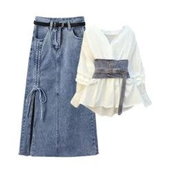 Kawaii Asian Fashion V-neck Shirt Denim Skirt Set ON237 -EgrilDoll Fashion Outlet Store kawaii asian fashion v neck shirt denim skirt set on237 819