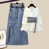 Kawaii Asian Fashion V-neck Shirt Denim Skirt Set ON237
